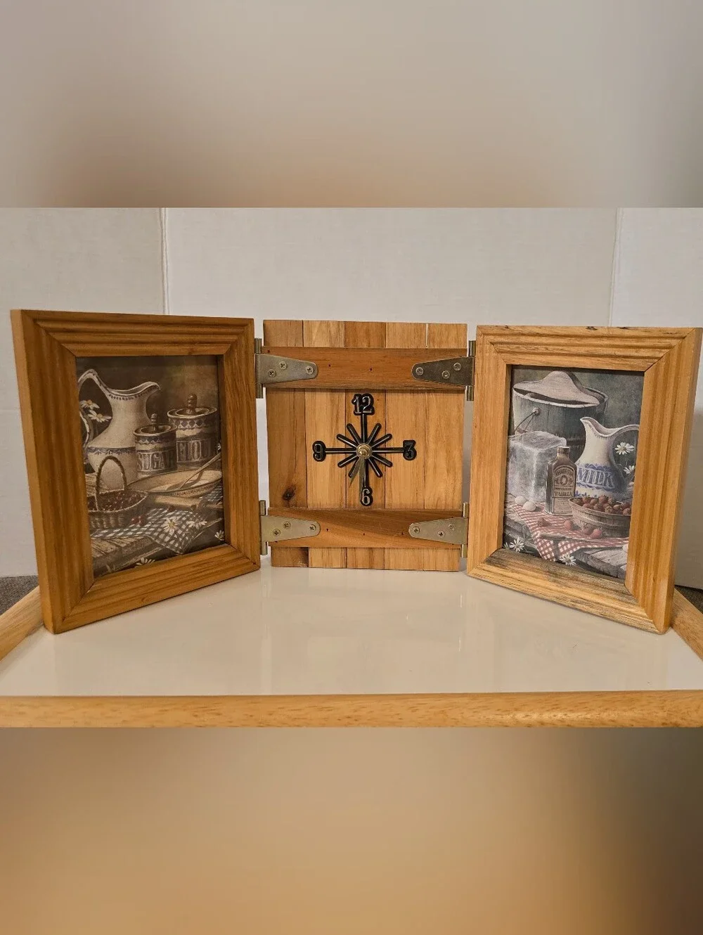 Vintage 1970s Wood Triptych Wall Clock & Dual Picture Frames | Rustic Farmhouse